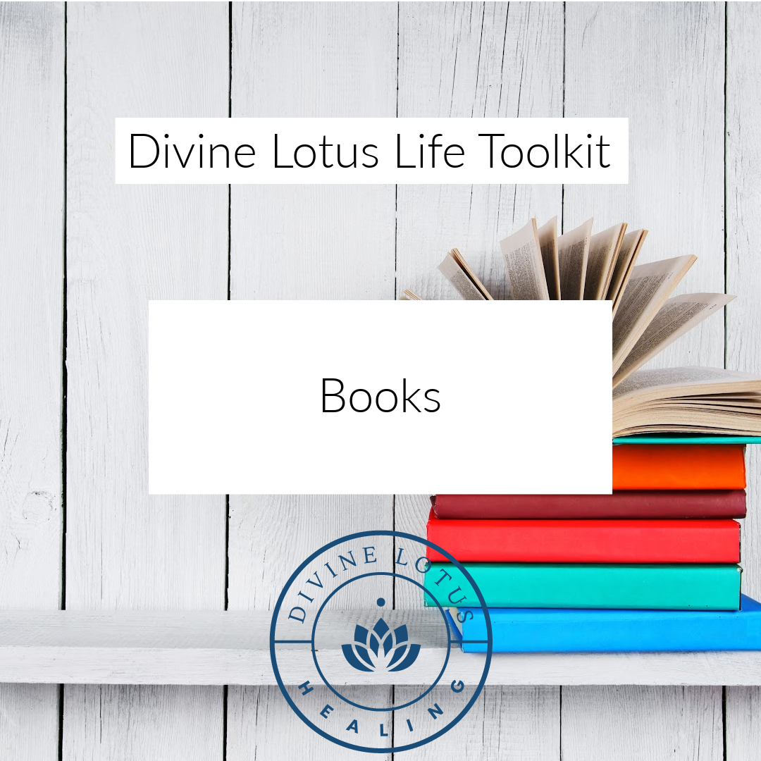 Stack of colorful books with a white card labeled 'Books' and Divine Lotus Life Toolkit logo.